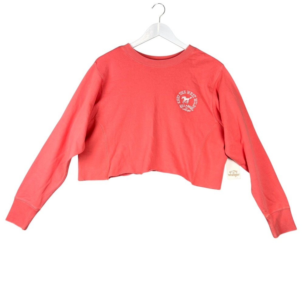 BILLABONG WRANGLER Pink Crop Sweatshirt Women Size XS Distressed Sleeves Raw Hem